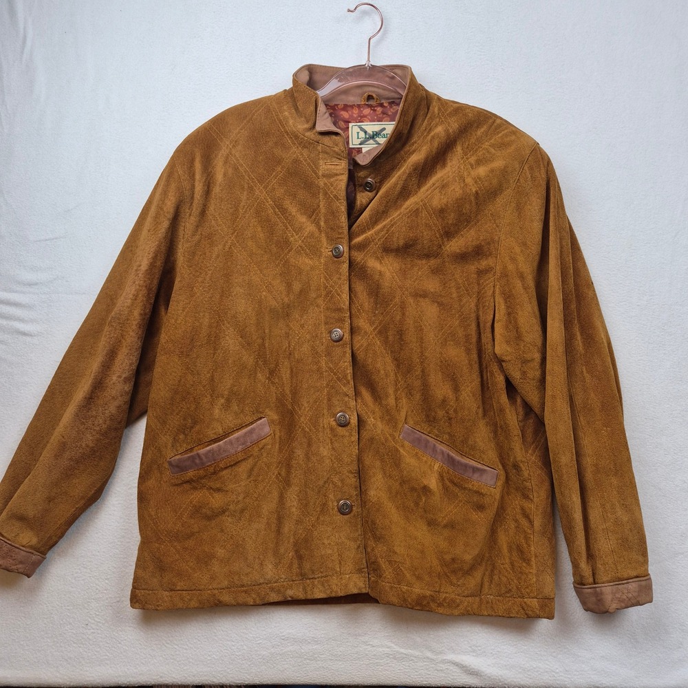 LL Bean Vintage Suede Leather Jacket Cognac Brown Paisley Lining Womens Large - Picture 2 of 16